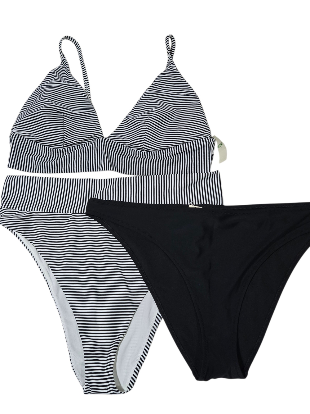 aerie Striped Bikini Set Adjustable High Cut Bottoms Black White XXL 2X 3-piece